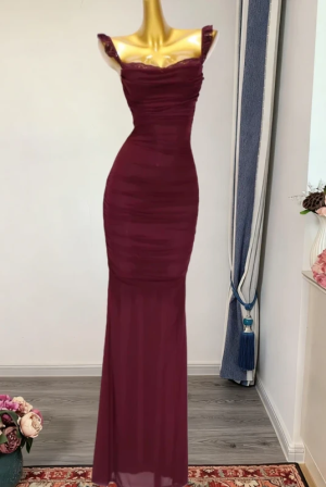 Burgundy Lace Ruched Mermaid Dress Formal Dress