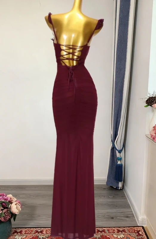 Burgundy Lace Ruched Mermaid Dress Formal Dress
